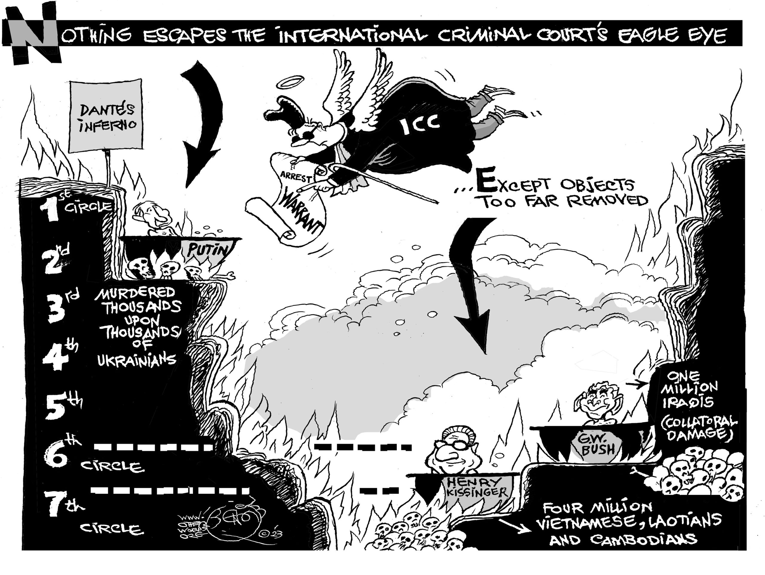 Khalil Bendib, “Cartoon: Dante’s Inferno, War Crimes Edition” (2023)