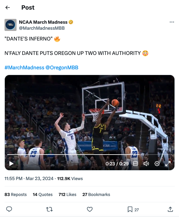 N’Faly Dante for the Oregon Ducks’ Basketball Team, NCAA Tournament (2024)