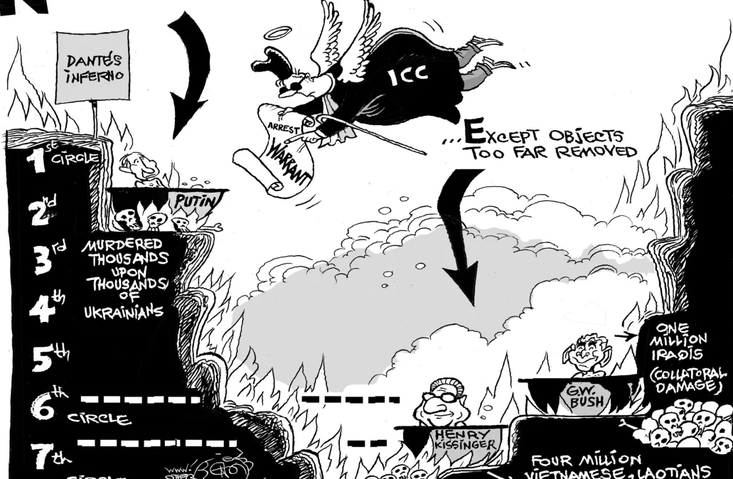 Khalil Bendib, “Cartoon: Dante’s Inferno, War Crimes Edition” (2023)