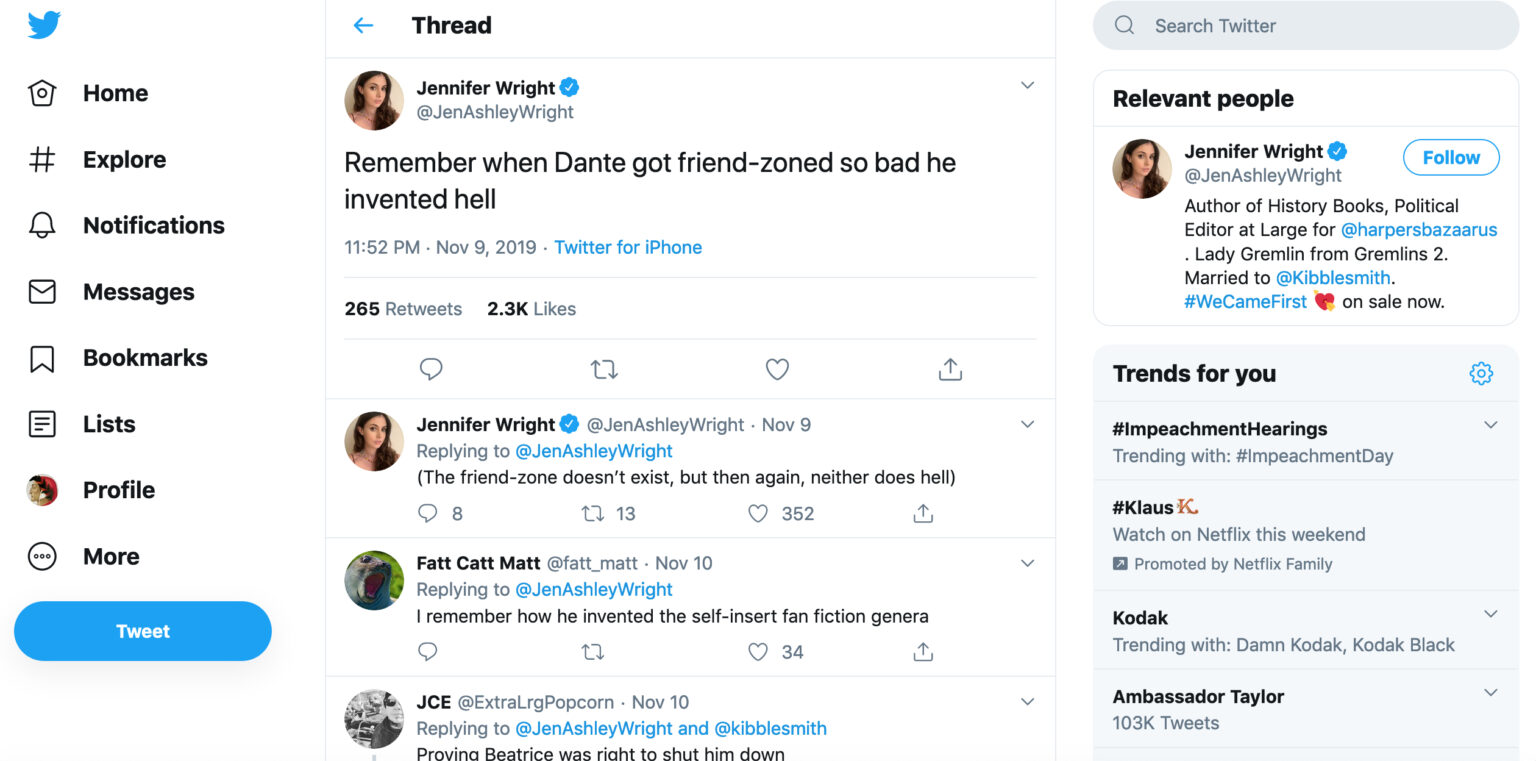 Jennifer Wright, “…Dante got friend-zoned” (2019)