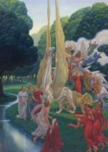 Image of the procession in Dante's Earthly Paradise, featuring a griffin with golden wings that extend upward out of the frame, fancing women in red, white, and green, and a lush green landscape with a crystal clear river rolling through it.