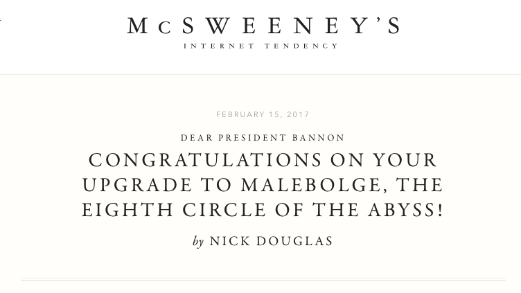 Nick Douglas, “Congratulations on your upgrade to Malebolge, the Eighth Circle of the Abyss” (2017)